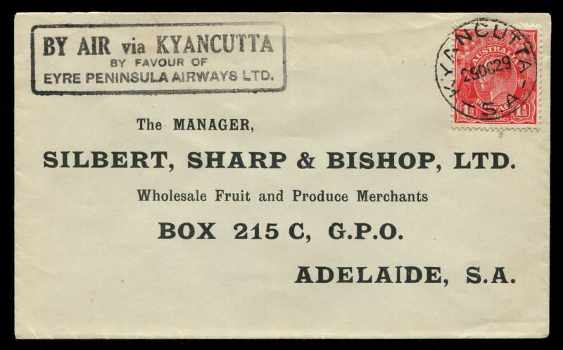 29 Oct.1929 (AAMC.145) Streaky Bay - Adelaide cover, flown for Eyre Peninsula Airways Ltd. on their first service via Kyancutta with special boxed cachet. Cat.$550. With special vignette (black on yellow stock) affixed on reverse. A superb example in all