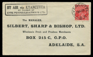 29 Oct.1929 (AAMC.145) Streaky Bay - Adelaide cover, flown for Eyre Peninsula Airways Ltd. on their first service via Kyancutta with special boxed cachet. Cat.$550. With special vignette (black on yellow stock) affixed on reverse. A superb example in all 