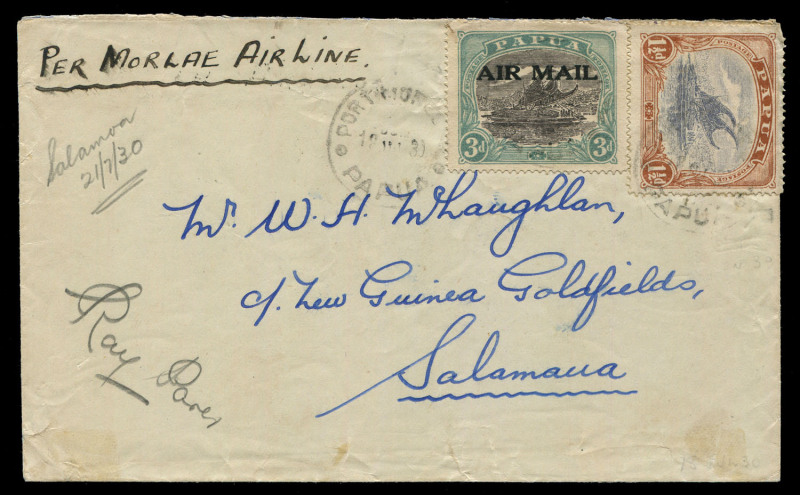 PAPUA - Aerophilately & Flight Covers: 21 July 1930 (AAMC.P20) Port Moresby - Salamaua cover, flown and signed by Ray Parer for Morlae Airlines Ltd. Cat.$325.