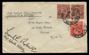 2 June 1924 (AAMC.71) Adelaide - Sydney cover, flown and signed by the pilot, Frank L. Roberts in a Sopwith Wallaby. This was the inaugural service over this route for Australian Aerial Services Ltd. Cat.$550.