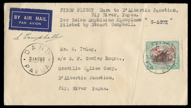 PAPUA - Aerophilately & Flight Covers: 31 Aug.1935 (AAMC.P88) Daru - Oroville Police Camp (D'Albertis Junction) cover, flown and signed by Stuart Campbell in a Short Scion Seaplane; with receipt endorsement on reverse signed by Cecil Cowley. [81 flown]. C