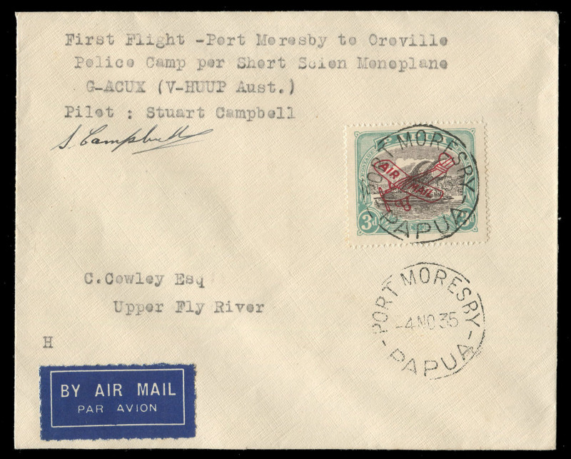 PAPUA - Aerophilately & Flight Covers: 5-9 Nov.1935 (AAMC.P93) Port Moresby - Oroville Police Camp cover, flown and signed by Sturat Campbell in a Short Scoin Seaplane; also signed and dated on reverse by Cecil Cowley, the O.I.C. [89 flown]. Cat.$300.