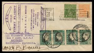 MRS LORES BONNEY MAKES THE FIRST SOLO FLIGHT FROM AUSTRALIA TO SOUTH AFRICA: APRIL - SEPTEMBER 1937Apr.-Sept.1937 (AAMC.716) Brisbane - Capetown flown cover, with special cachet and signed by the pilot at lower left.Bonney had been in the air for a total 