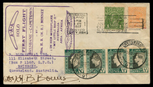 MRS LORES BONNEY MAKES THE FIRST SOLO FLIGHT FROM AUSTRALIA TO SOUTH AFRICA: APRIL - SEPTEMBER 1937Apr.-Sept.1937 (AAMC.716) Brisbane - Capetown flown cover, with special cachet and signed by the pilot at lower left.Bonney had been in the air for a total of 210 hours, 45 minutes as she covered the 29,088 kilometres via various stops in Asia, the Middle East and Africa before reaching her final destination at Capetown. Mrs Bonney received the Order of Australia in 1991. She died in 1994,
