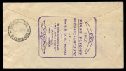 MRS LORES BONNEY MAKES THE FIRST SOLO FLIGHT FROM AUSTRALIA TO SOUTH AFRICA: APRIL - SEPTEMBER 1937Apr.-Sept.1937 (AAMC.716) Brisbane - Capetown flown cover, with special cachet and signed by the pilot at lower left.Bonney had been in the air for a total - 2