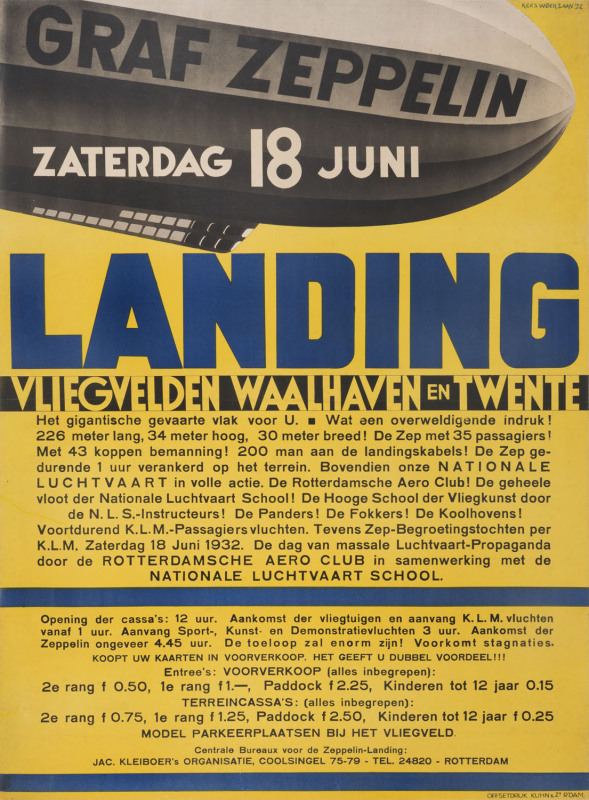 [INTERNATIONAL AIRLINES] Kees van der Laan (Dutch, 1903-1983). Graf Zeppelin Landing 1932 colour lithograph, signed and dated in image upper right, 111 x 81cm. Linen-backed.