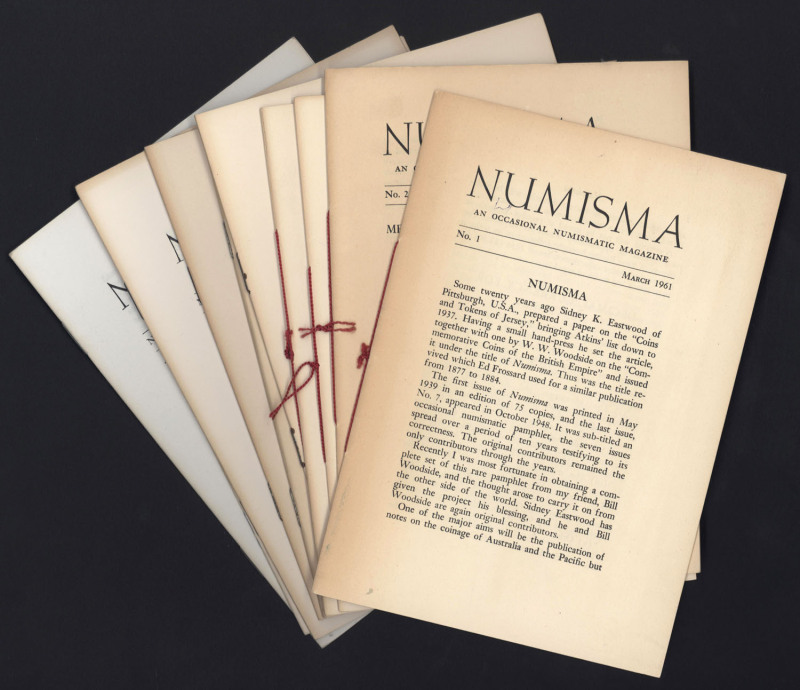 Australian Coins: "Numisma" an occasional numismatic magazine, Nos 1 - 10 (Hawthorn Press, issued between March 1961 and September 1968) , the first four issues with original red ribbon ties, the remaining issues staple bound, pp 1 - 167, a largely fine