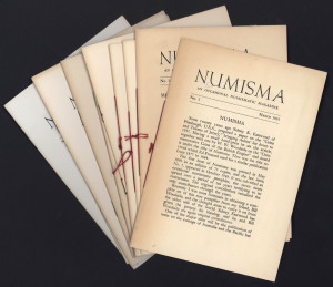 Australian Coins: "Numisma" an occasional numismatic magazine, Nos 1 - 10 (Hawthorn Press, issued between March 1961 and September 1968) , the first four issues with original red ribbon ties, the remaining issues staple bound, pp 1 - 167, a largely fine and almost complete set just lacking the final issue vol. 11/12. An extremely scarce publication, dealing with both Australian and international coinage. Ex John Gartner.