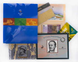 Coins & Banknotes: Commemeorative selection with 1997 Kingsford Smith Centenart Porfolio with $20 banknote & $1 silver proof, numbered '2958' of just 4000 produced, Macdonald Cat.$285, 1992 $5 & 1993 $10 Paper & Polymer two-note folders Cat. $160, also SSB $100 gold foil banknote & 2019 Wallabies $2 coloured uncirculated coin. (5 items)