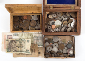1870s-1980s circulated accumulation in two wooden boxes & tobacco tin including Egypt 1916 5pi, GB 1901 florin, Switzerland 1878 2fr, 1921 2fr & 1901 1fr, others from GB & Europe incl. France, Middle East and USA, including a small percentage of silver coins, also a few banknotes and stamps; condition poor to fine; should reward close inspection. (100s).
