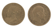 Great Britain - Coins: 1857 QV & 1906 KEVII half sovereigns, the former with surface wear & somewhat distorted, G/F. - 2