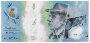 Banknotes - Australia: 2017 Lowe-Fraser $10 with pre-printing paper folds resulting in significant distortions to the images of Gilmore and Paterson and with albino figures '10' on both front and reverse. A most impressive freak printing.