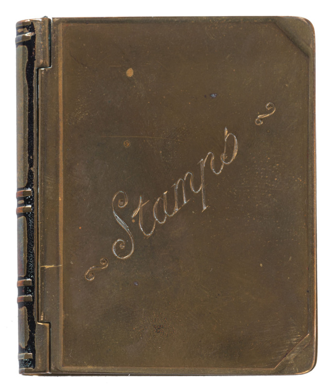 Stamp Boxes - Brass: Victorian large hinged stamp box (50x62mm) in form of a book with 'Stamps' engraved on face, weight 39gr, no markings, some denting and scratches, original colouring from spine has worn away, hinging in excellent order.