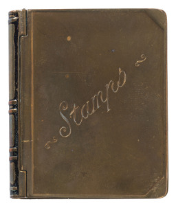 Stamp Boxes - Brass: Victorian large hinged stamp box (50x62mm) in form of a book with 'Stamps' engraved on face, weight 39gr, no markings, some denting and scratches, original colouring from spine has worn away, hinging in excellent order.