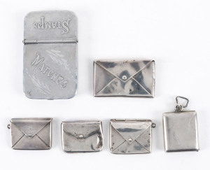 Stamp Boxes - Silver: selection with [1] 1903 Gourdel Vales single-size case in form of envelope with fob ring; [2] 1910-11 Adie & Lovekin double-size in form of envelope, some dimpling; [3] 1918 Crisford & Norris single-size case in form of a satchel; [