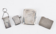 Silver Cases: 20th century sterling silver group comprising [1] small cigarette case, curved shape for waistcoat pocket, double compartment within, intialled 'H.R.Y.' & 'CHRISTMAS'; [2] book match case with machined finish, Birmingham 1929; [3] vesta case