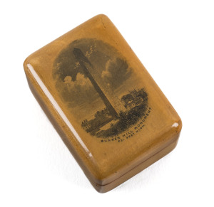 Stamp Boxes - Mauchline Ware: Early 1900s fine lacquered box (63x43x35mm) with image of "Bunker Hill Monument" (Boston) on lid, weight 42gr, fine condition with close-fitting lid.