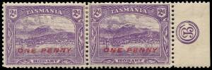 1911-12 (SG.259-260) 2d Bright Violet stereotyped printing & overprinted ONE PENNY; study on leaves with compound perfs. 12½ x 11, plate flaws, both JBC & CA monograms, ONE PENNY offset and forged overprint.  (65).