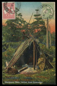 AUSTRALIA - Kangaroos - Collections & Accumulations: 1913-15 Kangaroos on cover usage selection with 1d red solo frankings (8, three on PPCs) including 1913 to USA taxed with three US 2c Dues added on reverse, 1913 to Brisbane to London on a Japan Mail/Steamship Co lettersheet with dinner menu and attractive volcano illustration inside, 1914 John King & Sons (Launceston) advertising cover; also multiple Roo frankings with 1914 1d & ½d on view side of PPC from Innisfail to USA showing "Aboriginal