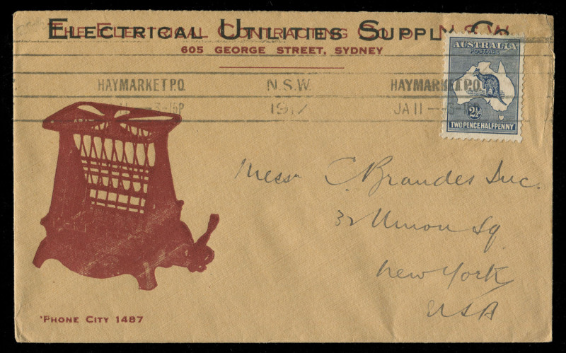 1916-34 Kangaroo frankings on cover mostly to USA with 2½d frankings (7, five with censor handstamps) including 1916 William Lewis (Sydney) to the Mississippi Pearl Button Co, 1917 Electrical Utilities Supply Co illustrated; 3d frankings comprising 1919 U