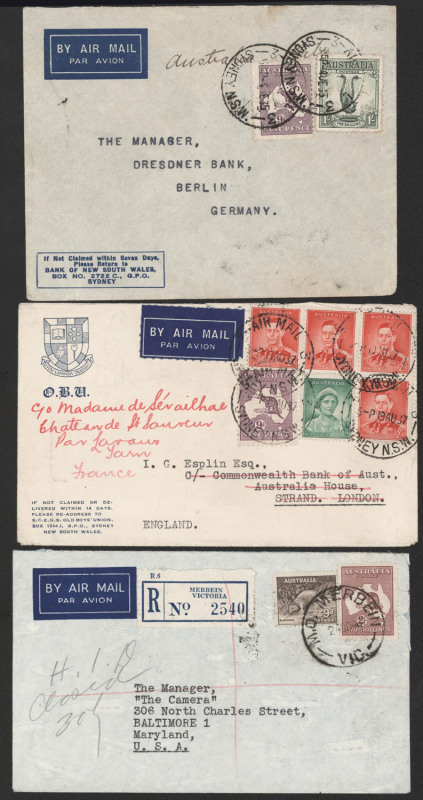 AUSTRALIA - Kangaroos - Collections & Accumulations: 1917-46 Kangaroos frankings on cover with 1917 Bosch, Bartel & Co Sydney registered to USA, with 3rd Wmk 6d blue Die II & 2d tied, purple on white censor tape, 1933 registered to USA with 9d solo tied b