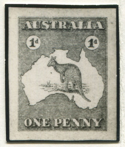 AUSTRALIA - Kangaroos - First Watermark: 1912 stamp-sized photographic essay of Blamire Young's "Kangaroo & Rabbit" design on an annotated album page.