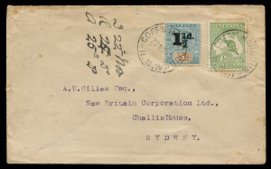 AUSTRALIA - Kangaroos - First Watermark: ½d Green plus Tasmania 1½d on 5d tied by COFF'S HARBOUR '22NO13' datestamp to cover addressed to the New Britain Corporation in Sydney, some age spotting. Unusual State/Commonwealth combination franking.
