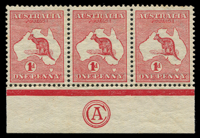 AUSTRALIA - Kangaroos - First Watermark: 1d Red Die I marginal strip of 3 with 'CA' Monogram below central unit, couple of light tonespots on gum, attractively centred MVLH, BW:2(C)za - Cat. $1500 (for a corner strip of 3).