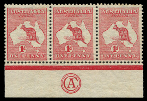 AUSTRALIA - Kangaroos - First Watermark: 1d Red Die I marginal strip of 3 with 'CA' Monogram below central unit, couple of light tonespots on gum, attractively centred MVLH, BW:2(C)za - Cat. $1500 (for a corner strip of 3).