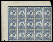 AUSTRALIA - Kangaroos - First Watermark: 2½d Indigo upper left corner block of 15 (5x3) from left pane with sheet margins intact, including variety "Break in inner top frame over 'R' of 'AUSTRALIA' [1L2] BW:9(1)d, one minor gumside tonespot, all units MUH