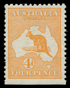 AUSTRALIA - Kangaroos - First Watermark: 4d Orange showing significant upward displacement of the watermark, with the horizontal watermark line running level with the top of the value tablet, straight-edge at base, few nibbed perfs, fresh MUH, BW:15 - Cat $1,000 (as a normal stamp).