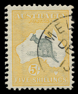 AUSTRALIA - Kangaroos - First Watermark: 5/- Grey & Yellow with MELBOURNE 'DE3/13' CTO half cancel, full original gum,  BW:42wb - Cat. $300.