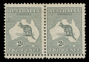 AUSTRALIA - Kangaroos - Second Watermark: 2d Grey, horizontal pair with DOUBLE PERFORATIONS [BW:6b] at base in combination with the variety "Retouched left frame and shading North West of map" [BW:6(1)k]. Fresh MLH. UNIQUE.