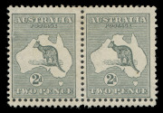 AUSTRALIA - Kangaroos - Second Watermark: 2d Grey, horizontal pair with DOUBLE PERFORATIONS [BW:6b] at base in combination with the variety "Retouched left frame and shading North West of map" [BW:6(1)k]. Fresh MLH. UNIQUE.