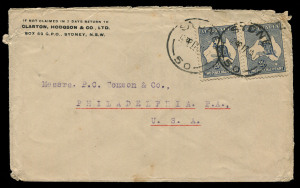 AUSTRALIA - Kangaroos - Second Watermark: 2½d Blue (2) paying double-rate on 1917 (Jan.17) cover to USA, left side stamp variety "Heavy coastline to W.A." BW:10(2)d, cover opened on two sides with some edge blemishes. Very scarce variety on cover.