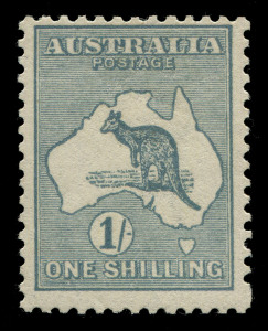 AUSTRALIA - Kangaroos - Second Watermark: 1/- Bright Blue-Green, small hinge remainder, fine mint. Scarce shade, BW:31B - Cat. $500.