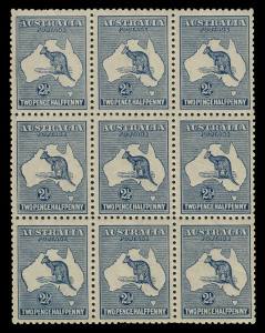 AUSTRALIA - Kangaroos - Third Watermark: 2½d Blue block of 9 [2L43-45, 49-51, 55-57] with varieties "Retouch to first 'A' of 'AUSTRALIA'" [2L43] & "Heavy coastline to WA" [2L49 & L55], well-centred, mild even gum tone, MUH, BW:11A(2)d&l - Cat. $1000++.