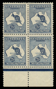 AUSTRALIA - Kangaroos - Third Watermark: 2½d Indigo marginal block of 4, two left-hand units with variety "Heavy coastline to W.A." [2L55], even toned gum, lower units MUH. Of fresh frontal appearance, BW:11C(2)d - Cat. $300+.