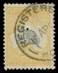 AUSTRALIA - Kangaroos - Third Watermark: 5/- Grey & Yellow with 'T' perfin, fine used with REGISTERED/HOBART datestamp. The first example we have recorded with a 'T' puncture.