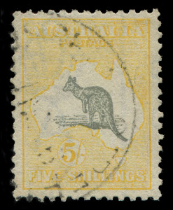 AUSTRALIA - Kangaroos - Third Watermark: 5/- Grey & Pale Yellow variety "White collar on kangaroo" [R36], very well centred, fine used, BW: 44(V)s, Cat. $425.