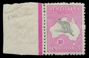 AUSTRALIA - Kangaroos - Third Watermark: 10/- Grey & Aniline Pink, left marginal single showing "Slight misplacement of Roo to upper left resulting in the ears being completely outside the W.A. coast". Mint, very lightly hinged and well centred BW:48B - C