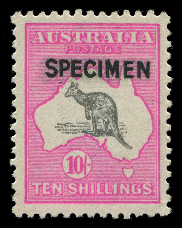 AUSTRALIA - Kangaroos - Third Watermark: 10/- Grey & Pink with Type B "SPECIMEN" handstamp, well centred, MLH, BW:48x - Cat $600.