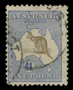 AUSTRALIA - Kangaroos - Third Watermark: £1 Olive-Brown & Pale Blue, couple of nibbed perfs, lightly-struck datestamp, BW:52E - Cat $4250. Elusive Harrison shade.