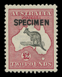 AUSTRALIA - Kangaroos - Third Watermark: £2 Black & Rose with Type B "SPECIMEN" handstamp, very well centred, MLH, BW:56x - Cat $600.