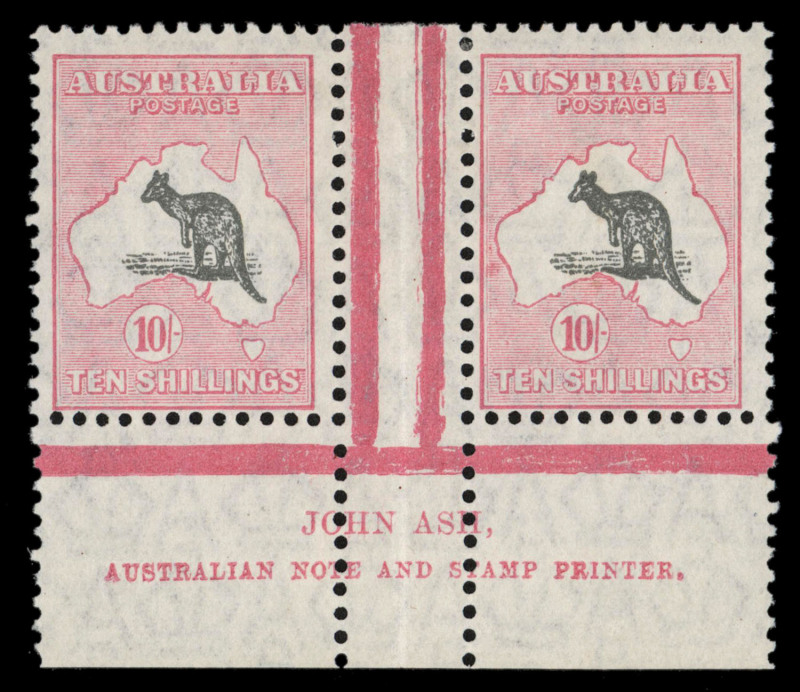 AUSTRALIA - Kangaroos - Small Multiple Watermark: 10/- Grey & Pale Pink, John Ash Imprint pair, MLH. BW:49za - $4000. Very fresh.