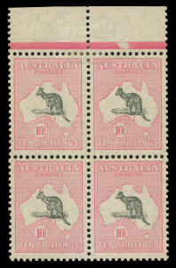 AUSTRALIA - Kangaroos - Small Multiple Watermark: 10/- Grey & Pink, superb top marginal block of (4), upper-right unit with vignette variety "Long curved tail on kangaroo" [R6] BW:49(V)o, delightfully centred and fresh, the lower units MUH, Cat. $8200++.