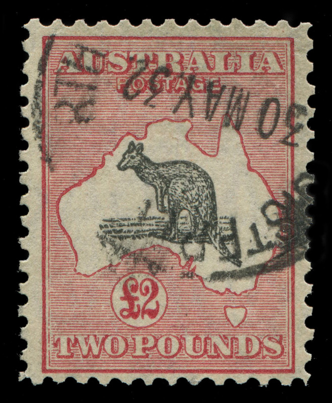 AUSTRALIA - Kangaroos - Small Multiple Watermark: £2 Grey & Rose-Crimson, full perfs, tidy REGISTERED PERTH datestamp, BW:57A - Cat.$1200.