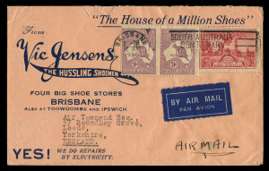 AUSTRALIA - Kangaroos - CofA Watermark: 9d Violet pair plus 2d Cable tied by 1936 (Sep 12) Brisbabe machine cancel to Vic Jensen "The Hussling Shoeman" printed airmail cover to England, all-over advertising on reverse. Most attractive.