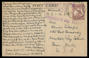 AUSTRALIA - Kangaroos - CofA Watermark: 2/- Maroon Die II BW:40, "Shading break over 'T' of 'AUSTRALIA'", 1941 (Mar. 24) rare clipper rate solo usage on airmail postcard to USA, adhesive tied by GPO SYDNEY/AIR datestamp, 'PRISONER OF WAR SERVICE' & 'PASSE
