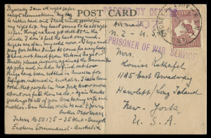AUSTRALIA - Kangaroos - CofA Watermark: 2/- Maroon Die II BW:40, "Shading break over 'T' of 'AUSTRALIA'", 1941 (Mar. 24) rare clipper rate solo usage on airmail postcard to USA, adhesive tied by GPO SYDNEY/AIR datestamp, 'PRISONER OF WAR SERVICE' & 'PASSED BY CENSOR/S.107' handstamps in violet, detailed message on the card from internee "Gunter Offerman/Intern No 50175 - 35 Hut - Camp 8/Eastern Command - Australia"; central fold, otherwise fine condition.